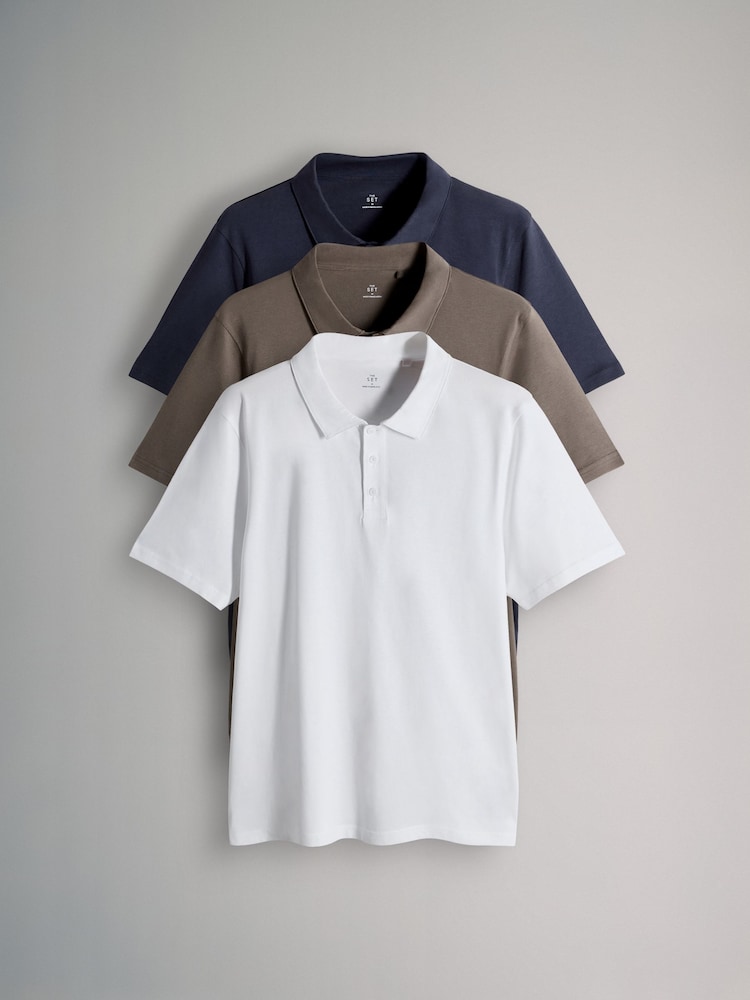The Set Navy / Taupe Brown / White 3 Pack Short Sleeve Polo Shirts - Image 1 of 6 The Set Navy / Taupe Brown / White 3 Pack Short Sleeve Polo Shirts - Image 1 of 6