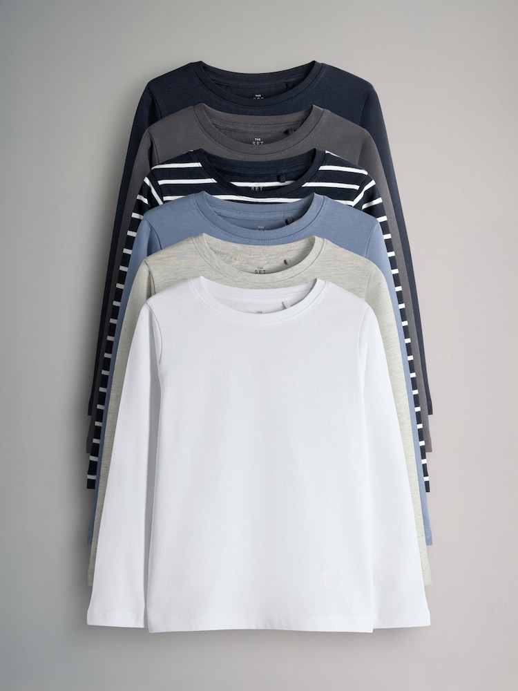 The Set Navy/Light Blue/Grey Marl/Stripe/Charcoal 6 Pack Regular Long Sleeve T-Shirts - Image 1 of 9