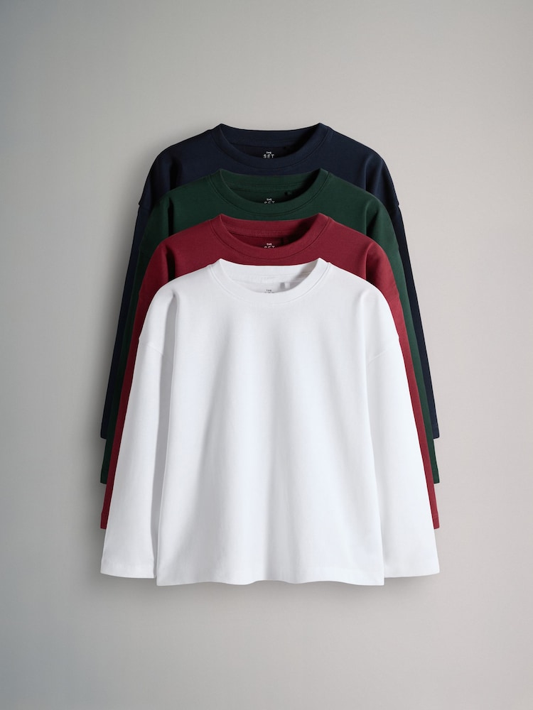 The Set Navy/Dark Green/Dark Red/White 4 Pack Relaxed Long Sleeve T-Shirts - Image 1 of 7