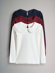 The Set Navy/Dark Red/Cream 3 Pack Long Sleeve Collar Ribbed Tops - Image 1 of 6