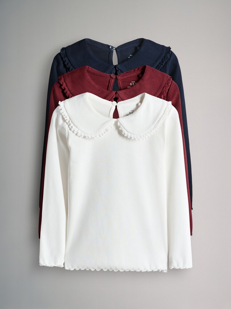 The Set Navy/Dark Red/Cream 3 Pack Long Sleeve Collar Ribbed Tops - Image 1 of 6 The Set Navy/Dark Red/Cream 3 Pack Long Sleeve Collar Ribbed Tops - Image 1 of 6