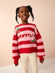 Red/Pink Sleigh Stripe Christmas Jumper (3-16yrs) - Image 1 of 3