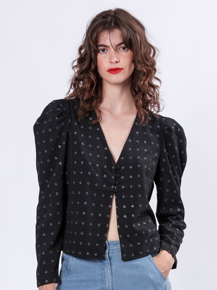 Religion Black Fleet Puff Sleeve Blouse With Sequins - Image 4 of 6