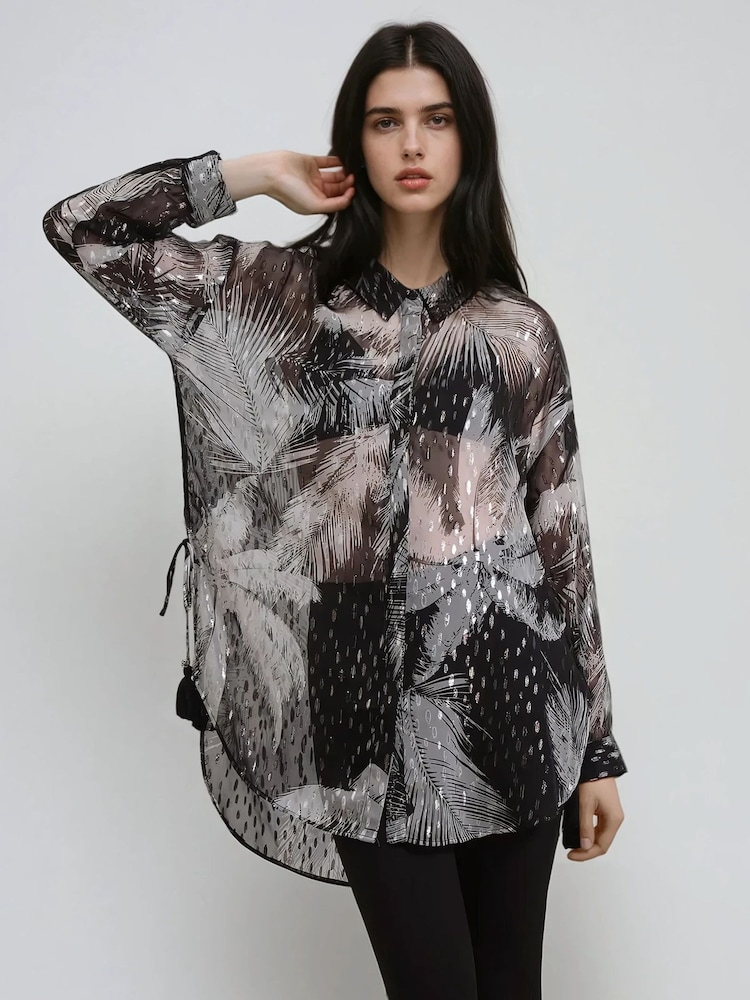 Religion Black Tanzanite Oversized Shirt In Metallised Fibre Palm Print With Tassels - Image 1 of 6
