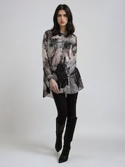 Religion Black Tanzanite Oversized Shirt In Metallised Fibre Palm Print With Tassels - Image 2 of 6