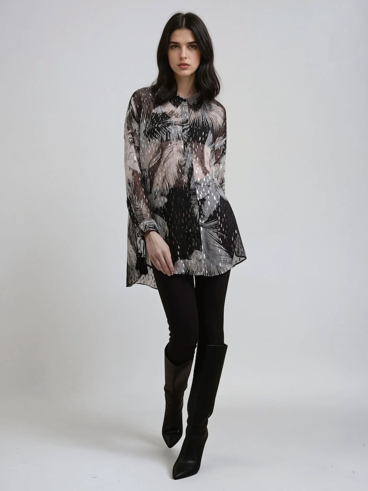 Religion Black Tanzanite Oversized Shirt In Metallised Fibre Palm Print With Tassels - Image 2 of 6