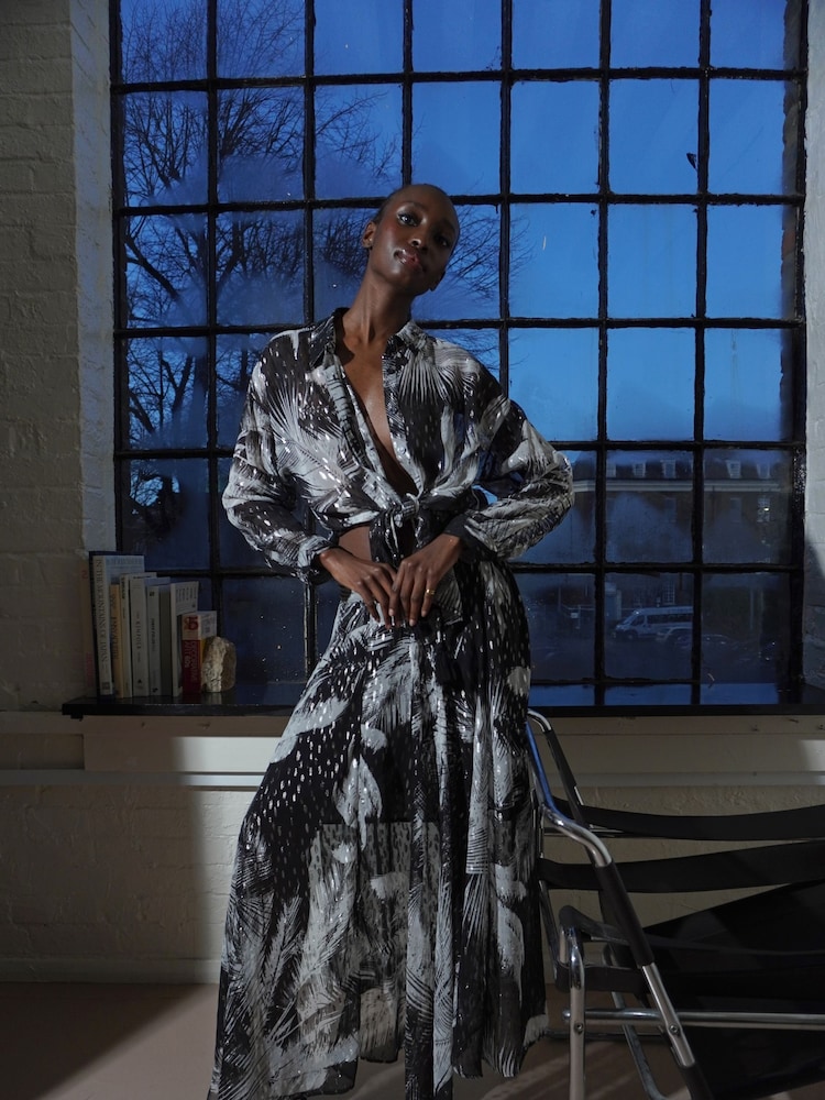Religion Black Tanzanite Oversized Shirt In Metallised Fibre Palm Print With Tassels - Image 6 of 6