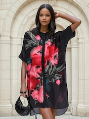 Religion Red Jade Tunic Dress With Large Pink Floral Placement Print - Image 1 of 6