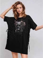 Religion Black Topaz Jersey Tunic 100% Cotton Dress With Skull And Beading - Image 1 of 6