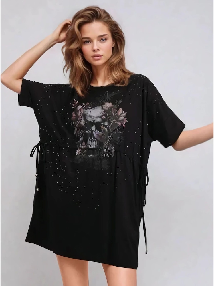Religion Black Topaz Jersey Tunic 100% Cotton Dress With Skull And Beading - Image 1 of 6