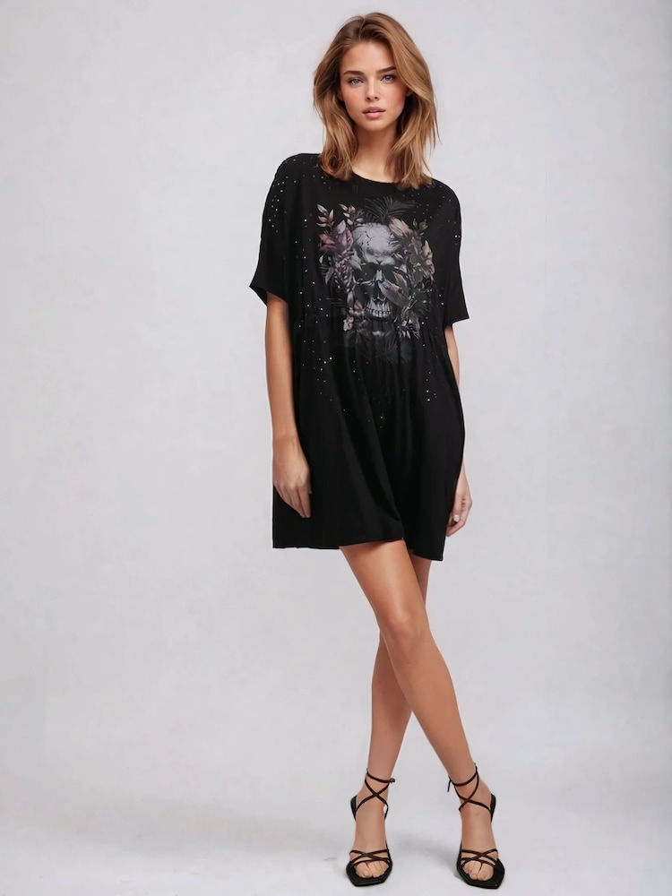 Religion Black Topaz Jersey Tunic 100% Cotton Dress With Skull And Beading - Image 2 of 6