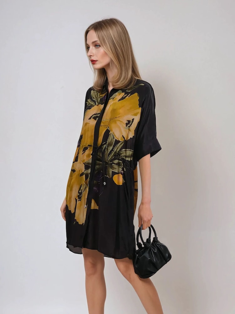 Religion Yellow Jade Tunic Dress With Large Pink Floral Placement Print - Image 2 of 6