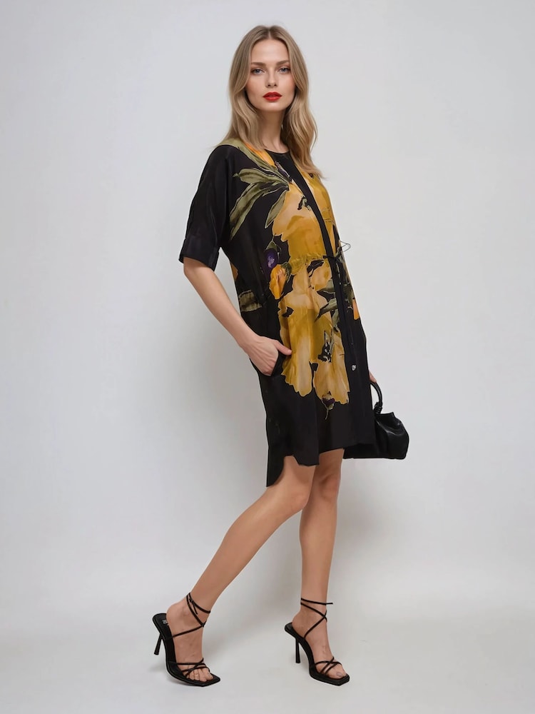 Religion Yellow Jade Tunic Dress With Large Pink Floral Placement Print - Image 3 of 6