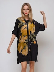 Religion Yellow Jade Tunic Dress With Large Pink Floral Placement Print - Image 5 of 6