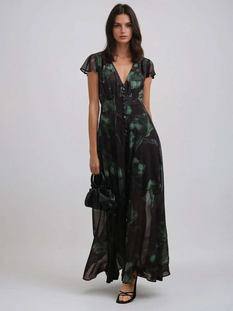 Religion Black Indium Maxi Dress With Button Thru Detail And Cap Sleeves - Image 4 of 6