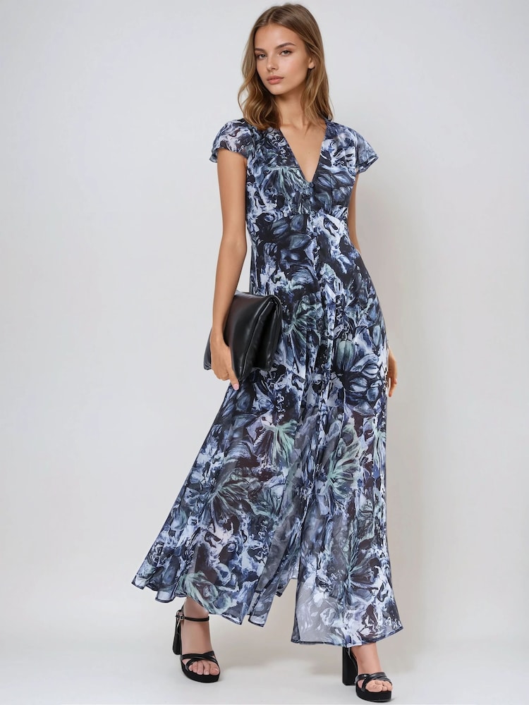 Religion Blue Indium Maxi Dress With Button Thru Detail And Cap Sleeves - Image 1 of 6