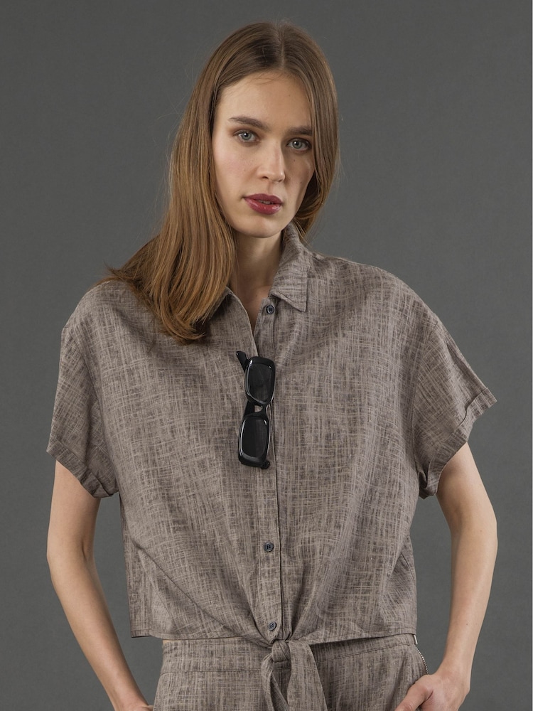 Religion Natural Element Tie Shirt In Linen Mix - Image 1 of 6