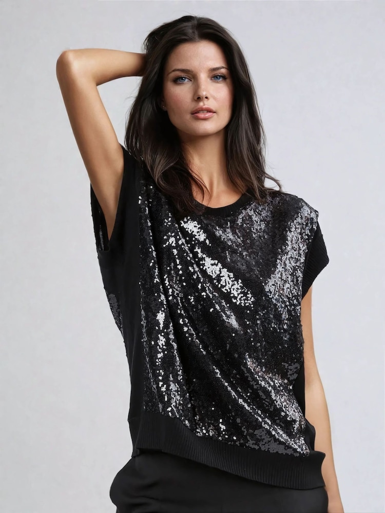 Religion Black Vibrant Knitted Top With Sequin Panels - Image 1 of 6