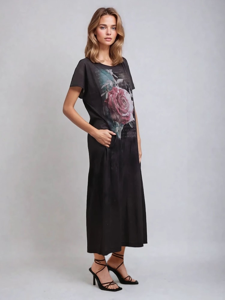 Religion Black Cloak Maxi T-Shirt Dress With Vintage Rose Graphic - Image 2 of 6