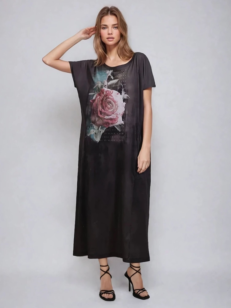 Religion Black Cloak Maxi T-Shirt Dress With Vintage Rose Graphic - Image 3 of 6