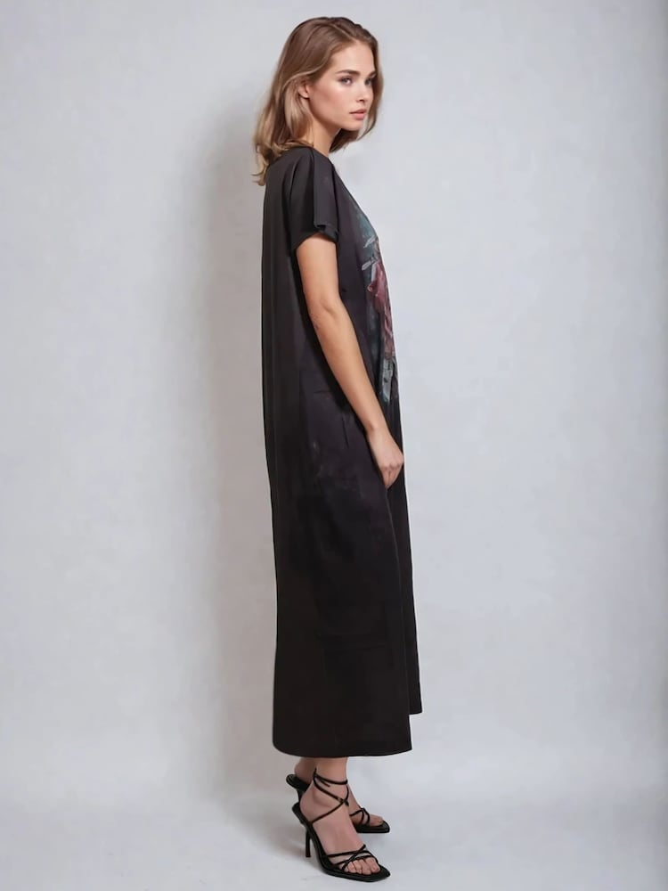 Religion Black Cloak Maxi T-Shirt Dress With Vintage Rose Graphic - Image 4 of 6