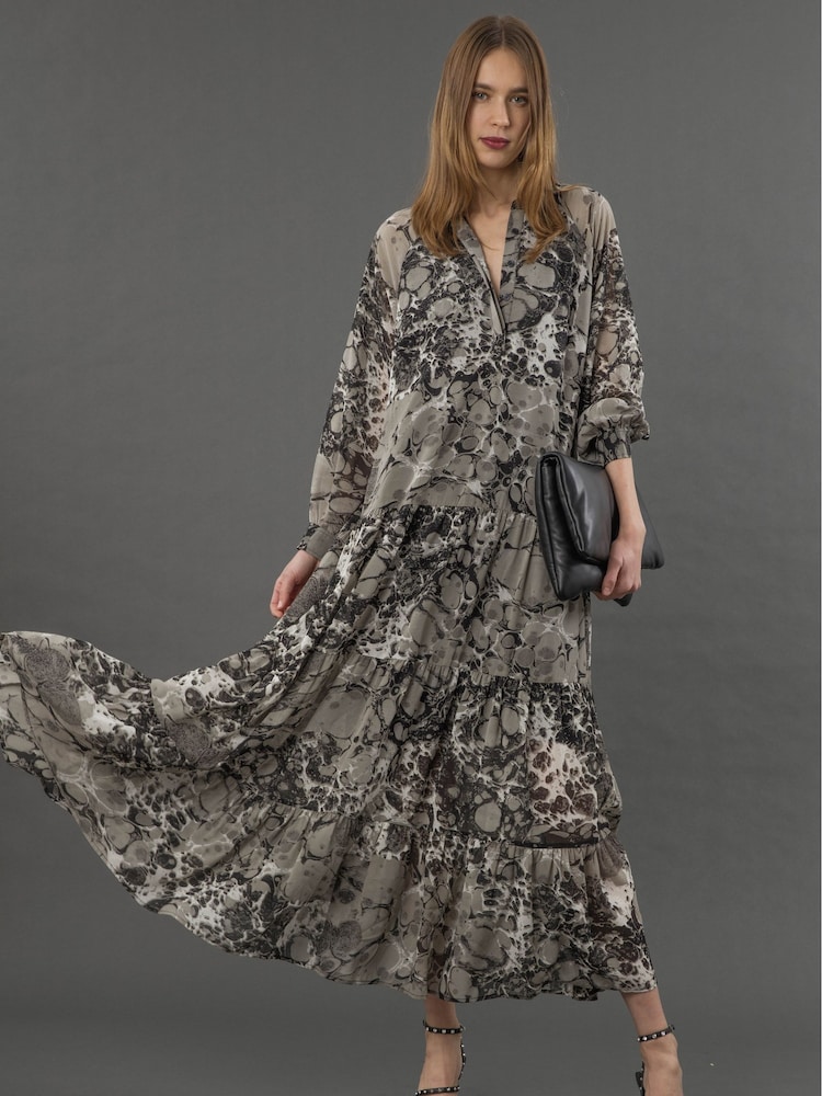 Religion Grey Sunset Tiered Maxi Dress In Dark Ditsy Floral Print - Image 1 of 6