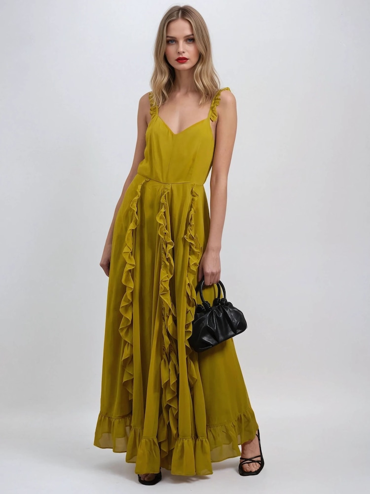 Religion Yellow 100% Cotton Kate Maxi Ruffle Dress With Spaghetti Straps - Image 2 of 6 Religion Yellow 100% Cotton Kate Maxi Ruffle Dress With Spaghetti Straps - Image 2 of 6
