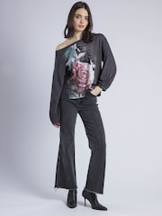 Religion Black Cloak Long Sleeve Top With Large Vintage Rose Print - Image 1 of 6