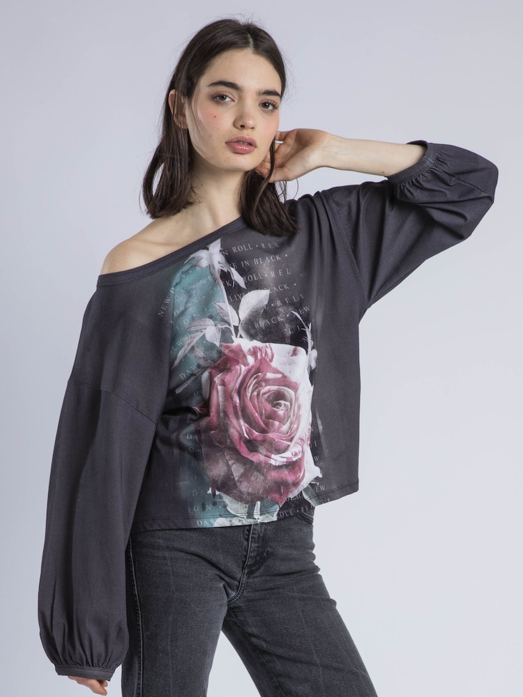 Religion Black Cloak Long Sleeve Top With Large Vintage Rose Print - Image 2 of 6