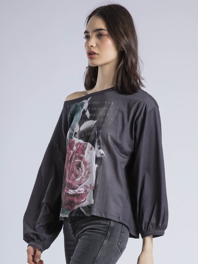Religion Black Cloak Long Sleeve Top With Large Vintage Rose Print - Image 3 of 6