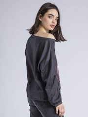 Religion Black Cloak Long Sleeve Top With Large Vintage Rose Print - Image 4 of 6