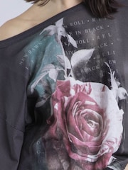 Religion Black Cloak Long Sleeve Top With Large Vintage Rose Print - Image 5 of 6