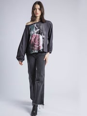 Religion Black Cloak Long Sleeve Top With Large Vintage Rose Print - Image 6 of 6