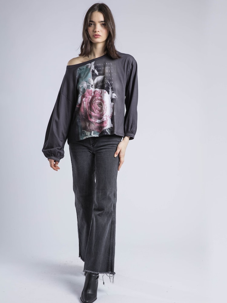 Religion Black Cloak Long Sleeve Top With Large Vintage Rose Print - Image 6 of 6