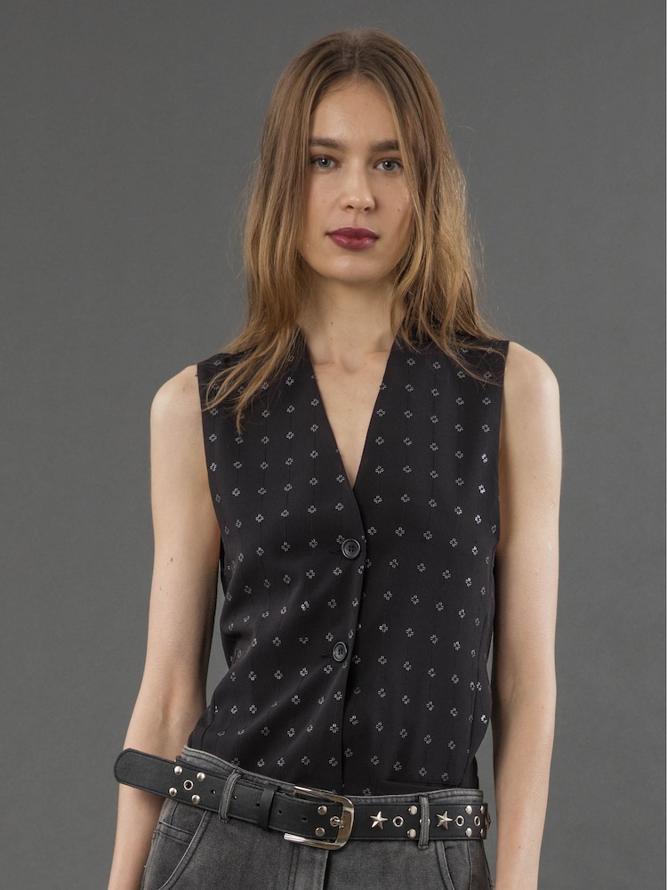 Religion Black Fleet Waistcoat Top With Sequin Beading - Image 1 of 6 Religion Black Fleet Waistcoat Top With Sequin Beading - Image 1 of 6
