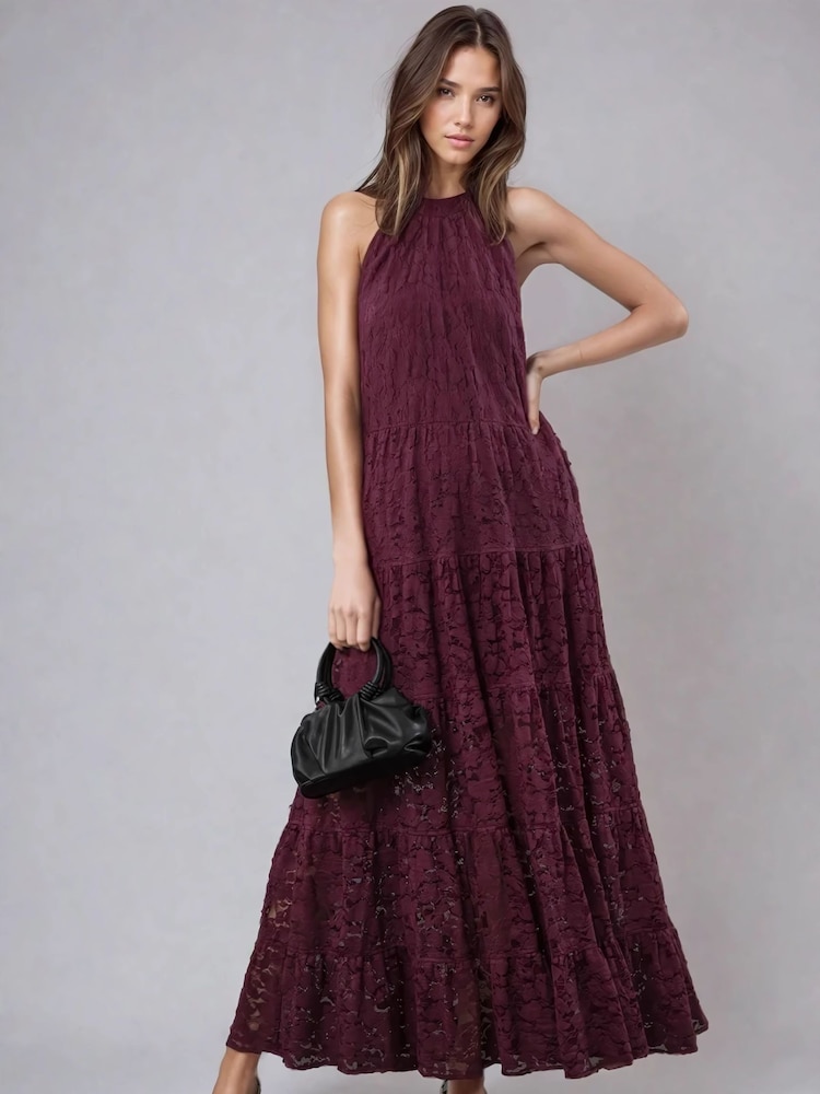 Vestido de encaje largo escalonado en negro Eileen de Religion - Imagen 1 de 6 Vestido de encaje largo escalonado en negro Eileen de Religion - Imagen 1 de 6
