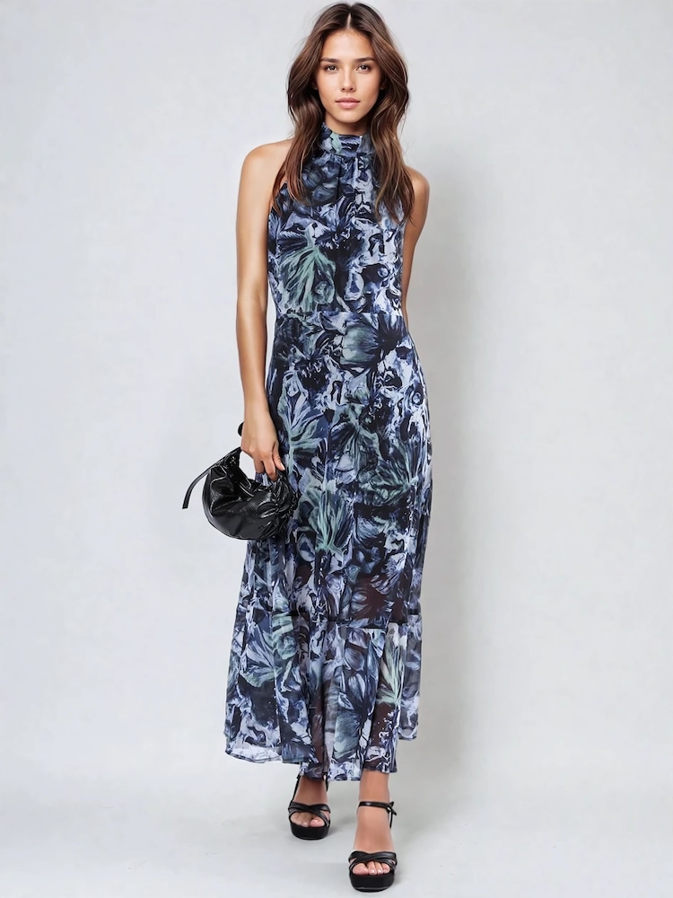 Religion Blue Time Maxi Halterneck Dress With Tie Sash - Image 1 of 6