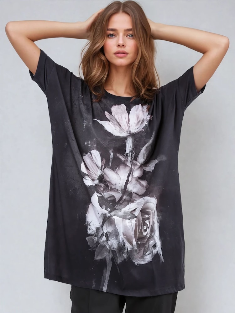 Religion Black Cloak Tunic Dress With Large Floral Placement Print - Image 1 of 6