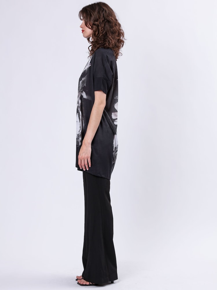 Religion Black Cloak Tunic Dress With Large Floral Placement Print - Image 6 of 6