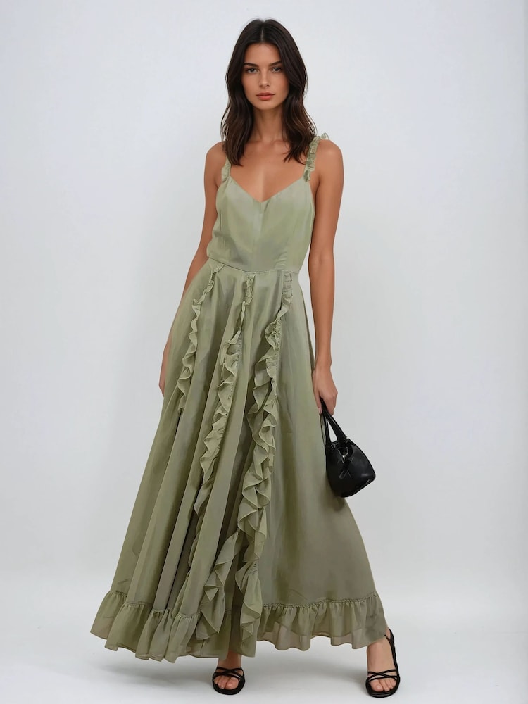 Verde - Religion Kate Maxi Dress With Frills And Spaghetti Straps - Imagen 1 de 6 Verde - Religion Kate Maxi Dress With Frills And Spaghetti Straps - Imagen 1 de 6
