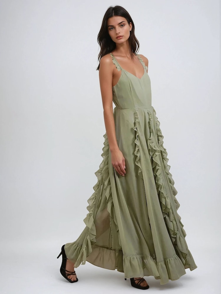 Verde - Religion Kate Maxi Dress With Frills And Spaghetti Straps - Imagen 2 de 6 Verde - Religion Kate Maxi Dress With Frills And Spaghetti Straps - Imagen 2 de 6
