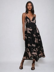 Religion Black Nadia Midi Strap Dress With Tiered Skirt In Dark Print - Image 1 of 5