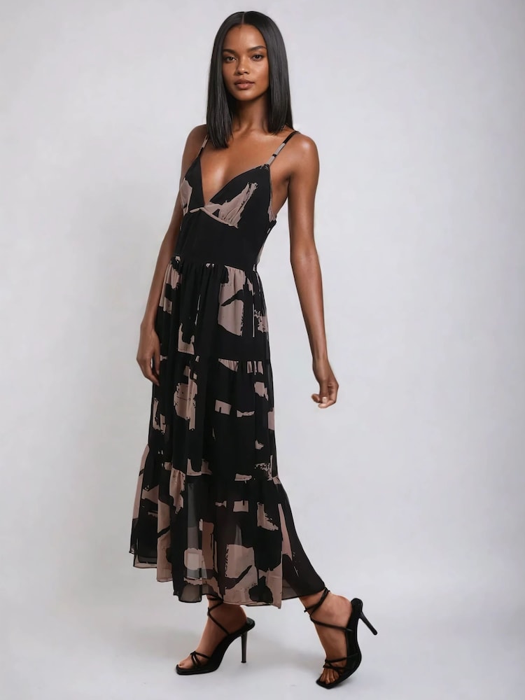 Religion Black Nadia Midi Strap Dress With Tiered Skirt In Dark Print - Image 2 of 5
