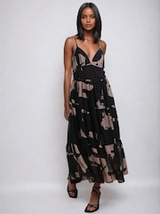 Religion Black Nadia Midi Strap Dress With Tiered Skirt In Dark Print - Image 4 of 5