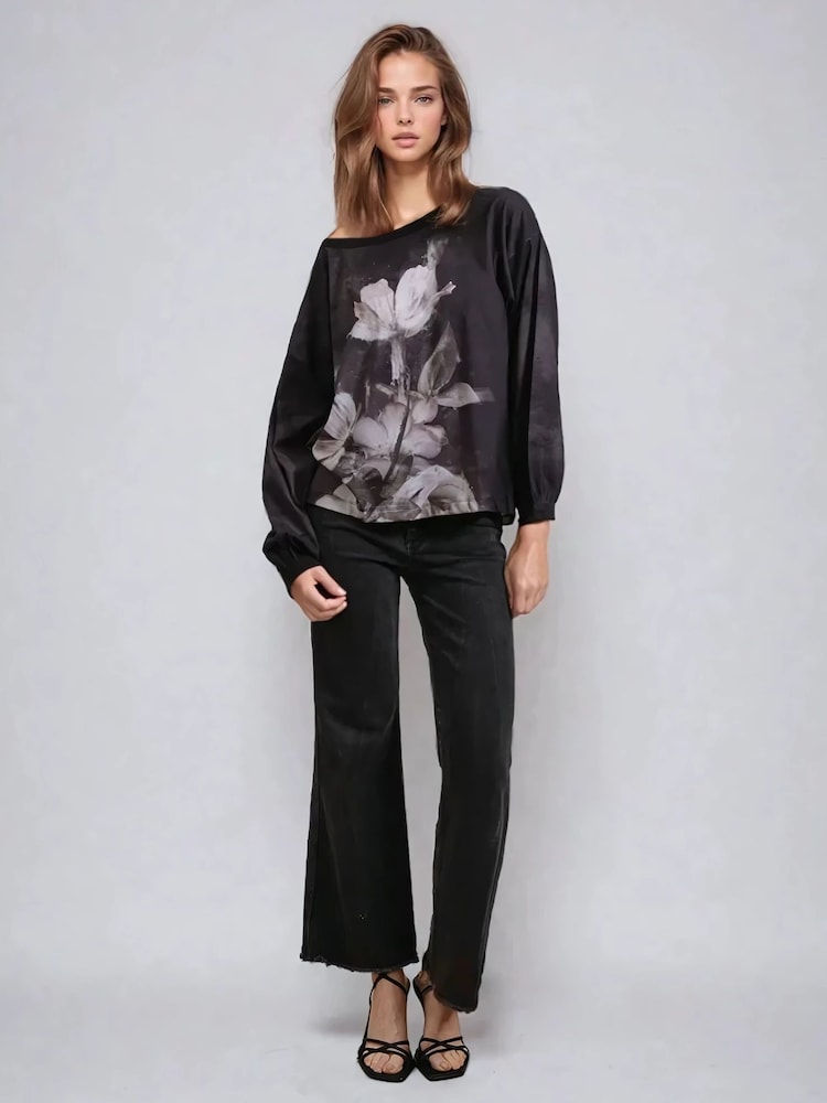 Хромированный черный - Religion Cloak Long Sleeve Top With Large Vintage Rose Print - Image 1 of 5