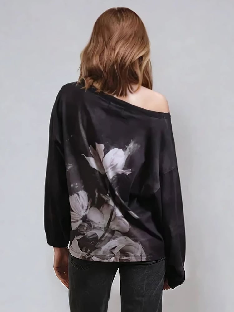Religion Chrome Black Cloak Long Sleeve Top With Large Vintage Rose Print - Image 3 of 5
