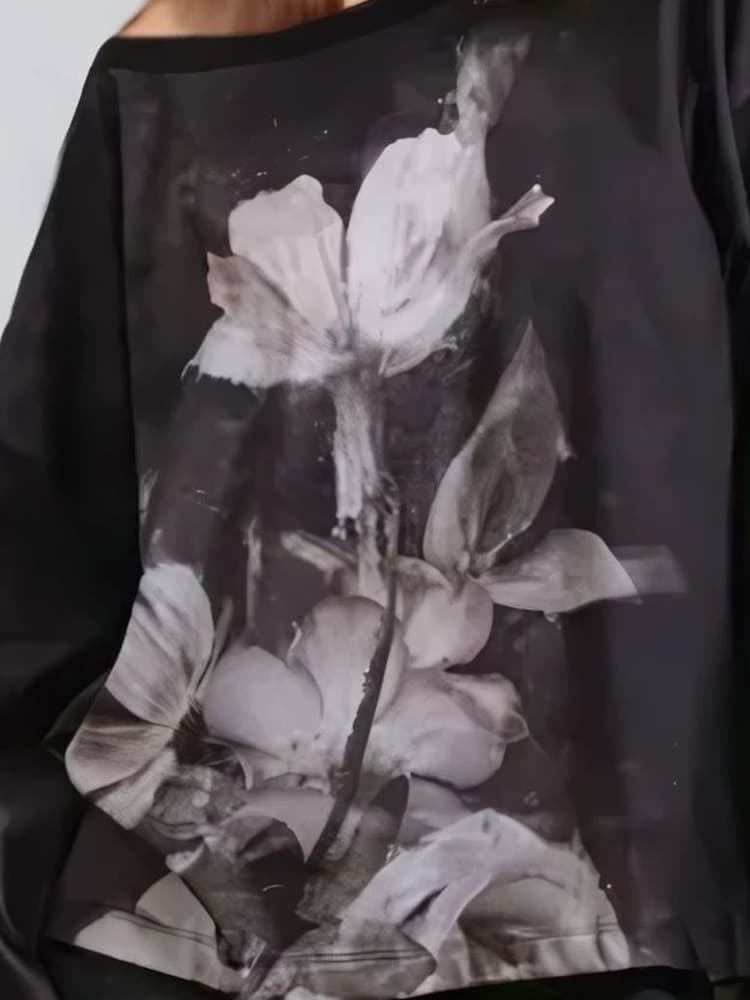 Religion Chrome Black Cloak Long Sleeve Top With Large Vintage Rose Print - Image 4 of 5