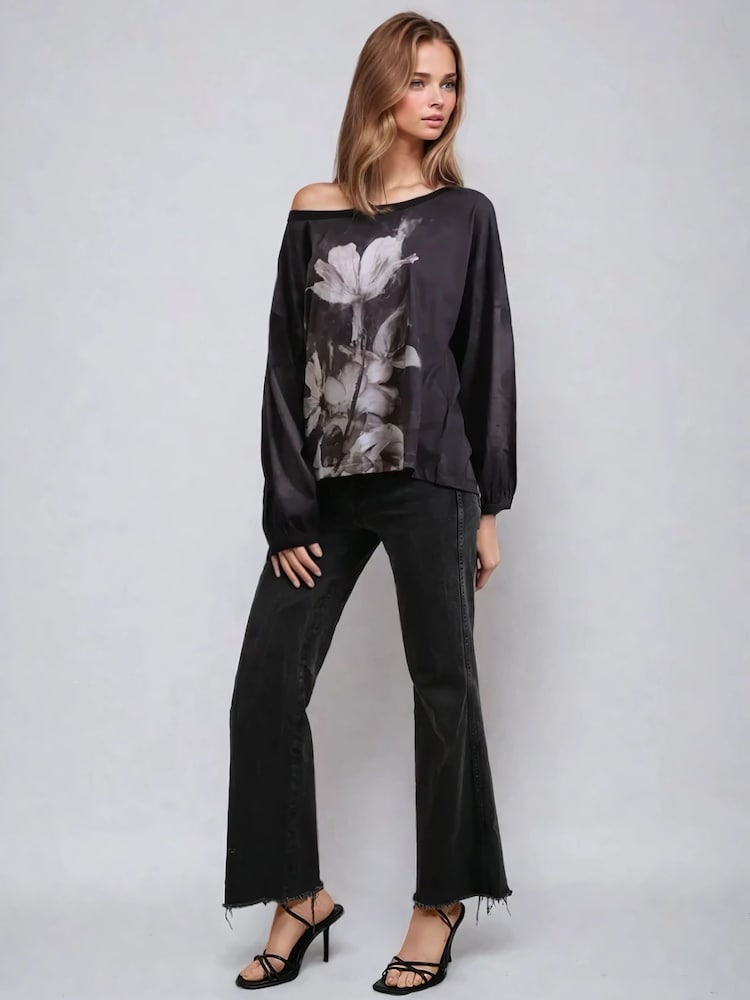 Хромированный черный - Religion Cloak Long Sleeve Top With Large Vintage Rose Print - Image 5 of 5