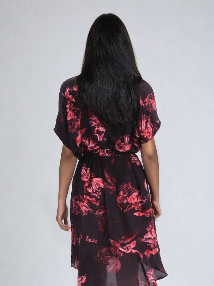 Religion Black Fade Tunic Dress With Tie Waist And Frill Hem In Dark Floral - Image 3 of 6