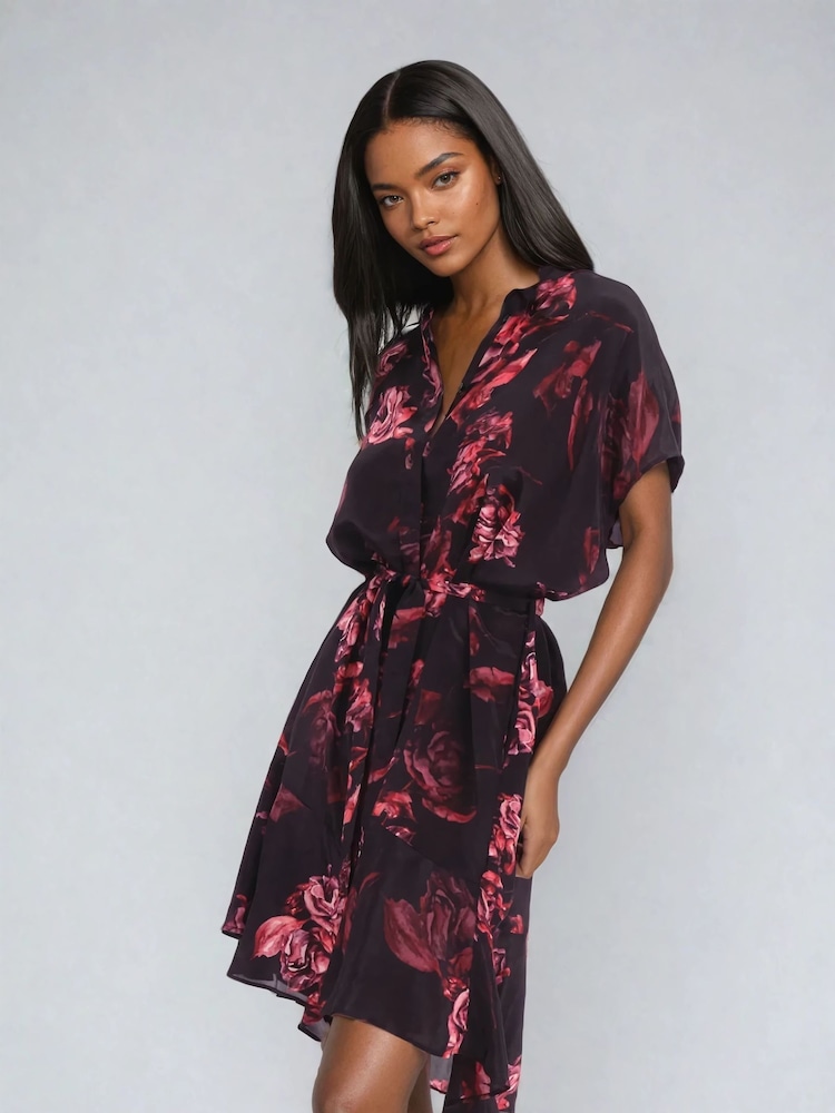 Religion Black Fade Tunic Dress With Tie Waist And Frill Hem In Dark Floral - Image 4 of 6